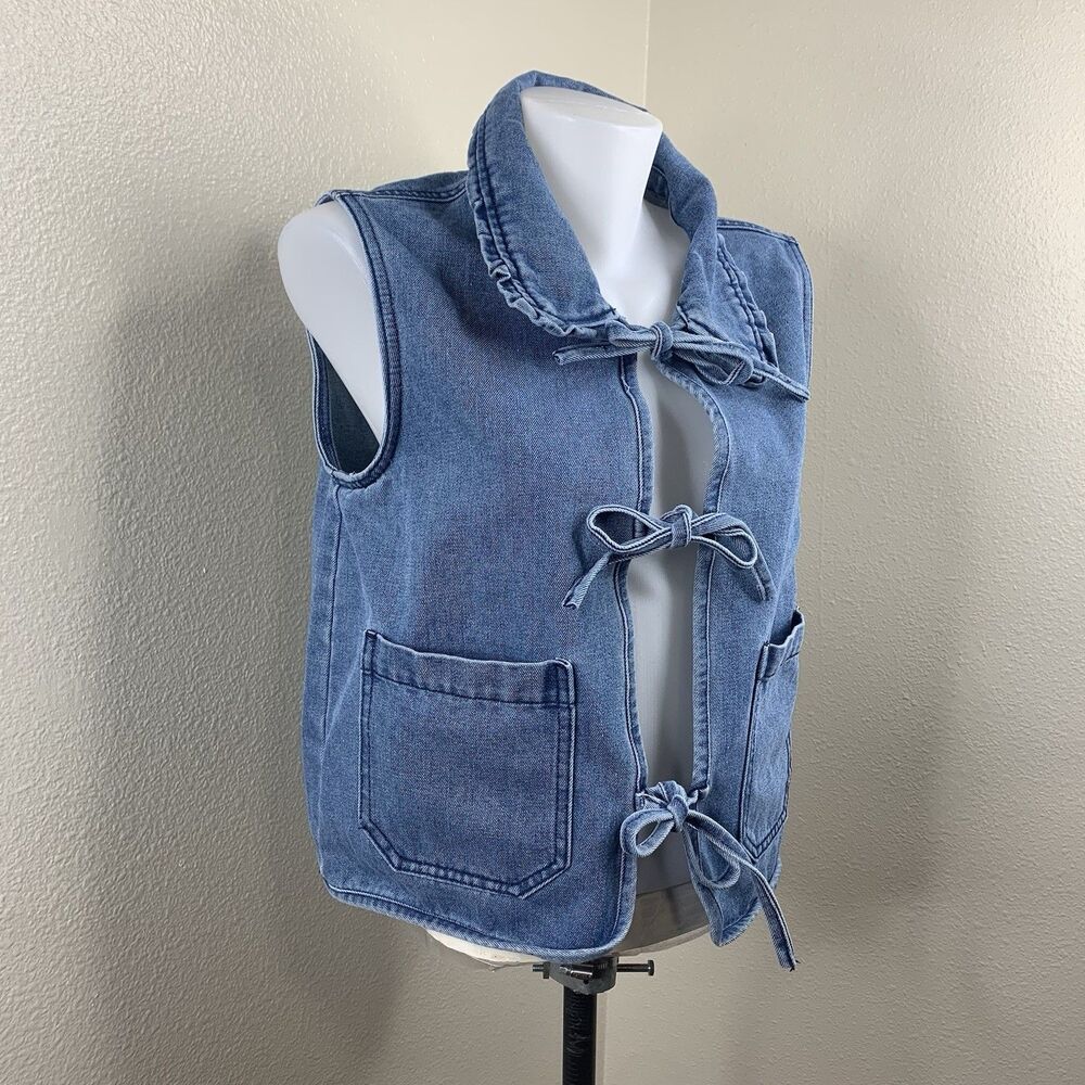Stoosh Blue Collared Pockets Tie Vest Sleeveless Mid-Length Sz M Women